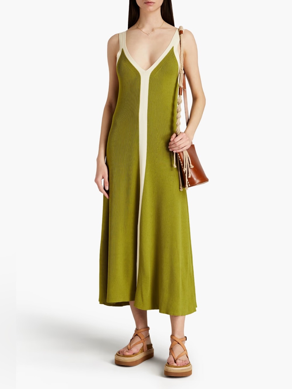 SANDRO Avocado Green & Cream Sleeveless Ribbed Knit V Neck Elwire Midi Dress 34